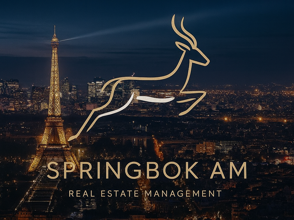 Springbok am paris france Logo de Springbok AM avec une silhouette d'antilope sur fond de Paris.