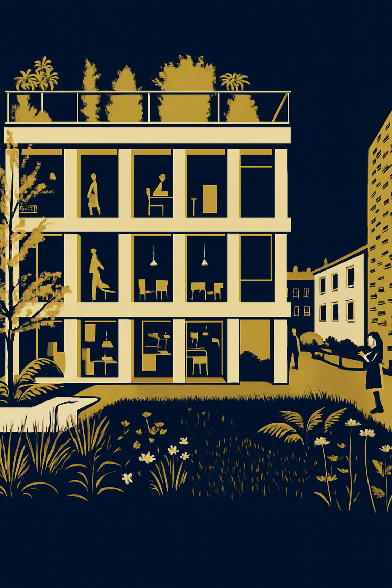 Immeuble de bureau paris restructuration Bâtiment moderne avec plusieurs étages, balcon et toiture fleurie, utilsateurs, travaux façade. Développement immobilier