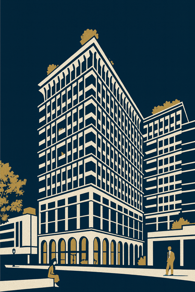 Transformation bureaux en logements Bâtiment moderne avec des arbres sur le toit, style architectural épuré. Tour IGH tertiaire transformée en résidentiel et commerce